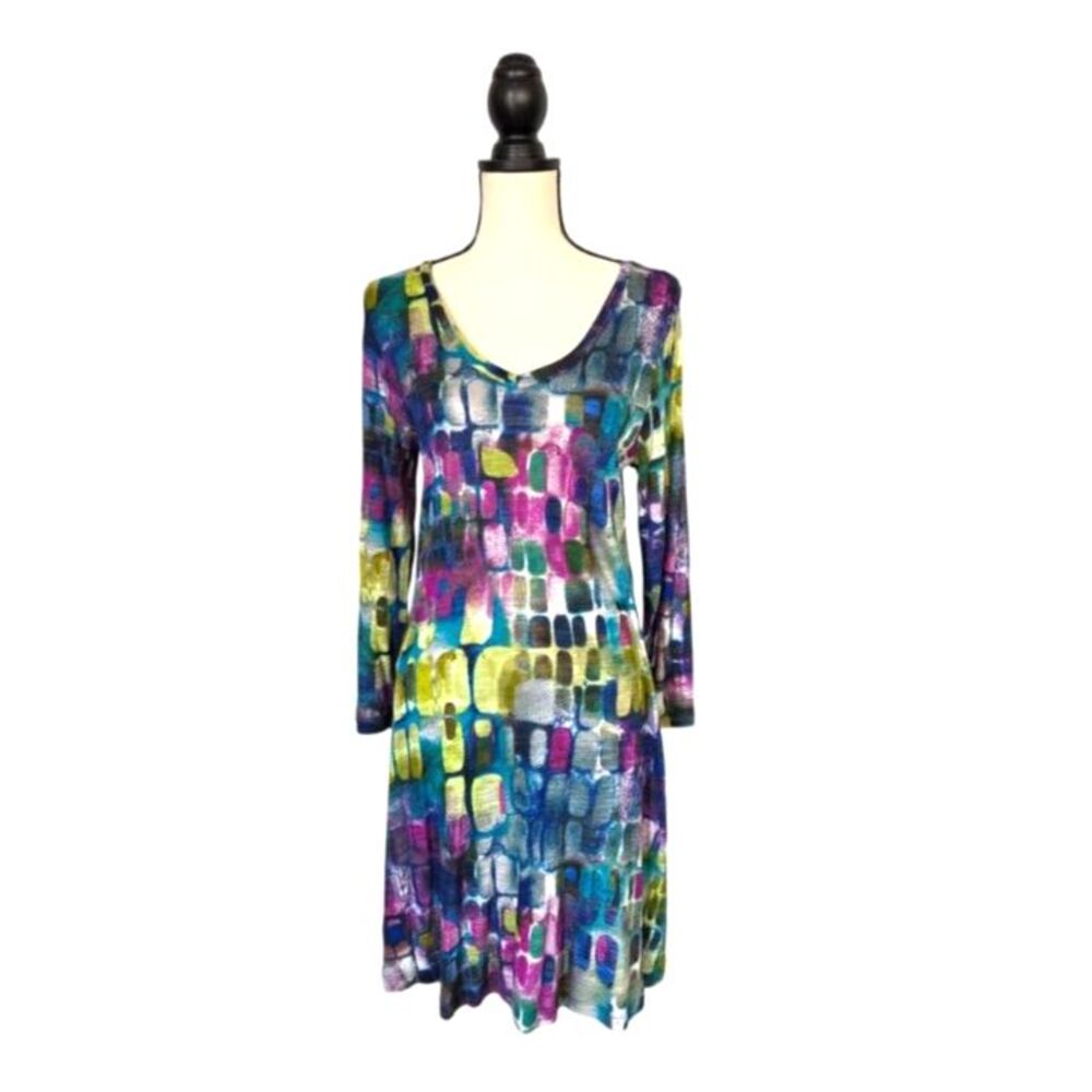 NWT Cable & Gauge Abstract Mosaic Viscose Knit Dress Small V-Neck Colorful